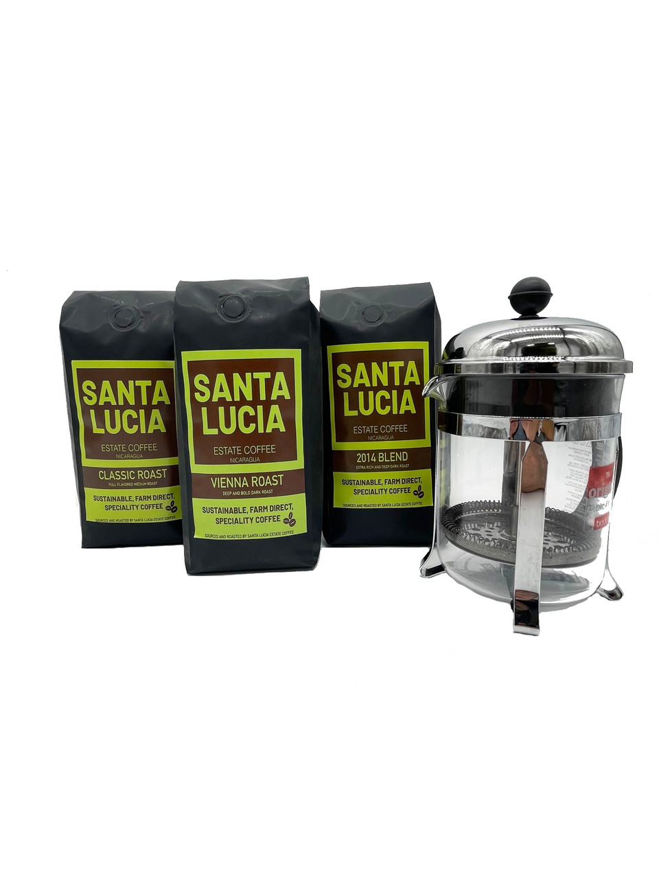 3 Pound Coffee Sampler With 4 Cup French Press - Santa Lucia Coffee