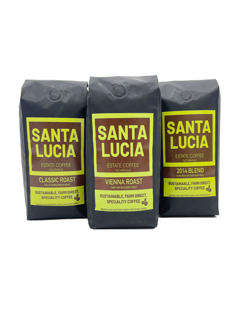 Three 16 ounce bags of Santa Lucia Estate Coffee's Premium Nicaraguan Vienna Roast Coffee