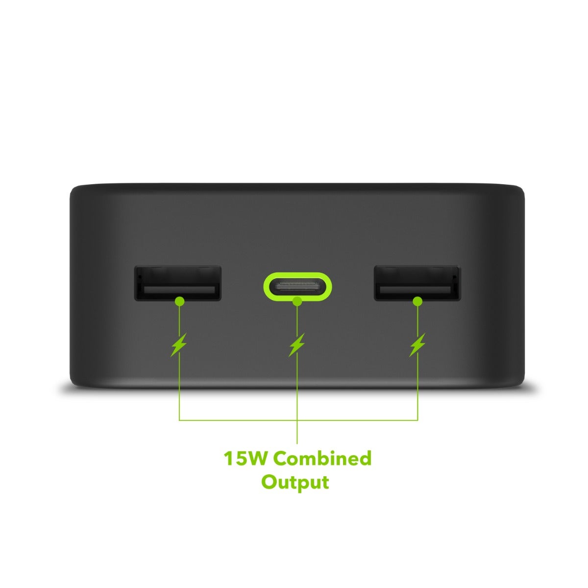 Up to 15W Combined Output
||Two USB-A ports and one USB-C port used simultaneously can provide a combined output of up to 15W. <sup>3</sup>