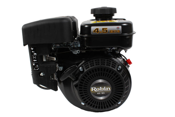 Robin EX13 4.3 HP petrol engine with 126cc displacement, 3/4″ keyed shaft, cast iron liner, and muffler assembly. Ideal for pumps, compressors, mowers, chippers, concrete saws, and agricultural equipment.