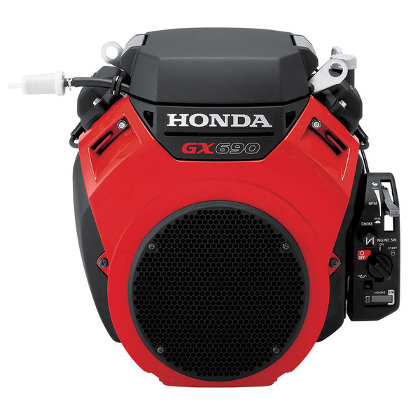 Honda GX690 27 hp V‑Twin engine with 1‑1/8" shaft and electric start. High‑capacity lubrication, dual‑element air filter, and 3‑year commercial warranty.