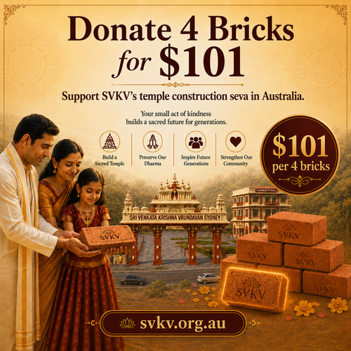 Donate 4 bricks for $101 and support SVKV’s temple construction seva in Australia to help build a sacred space for worship and community.