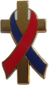 Red, White and Blue Awareness Ribbon on Gold Plated Cross Lapel Pin
