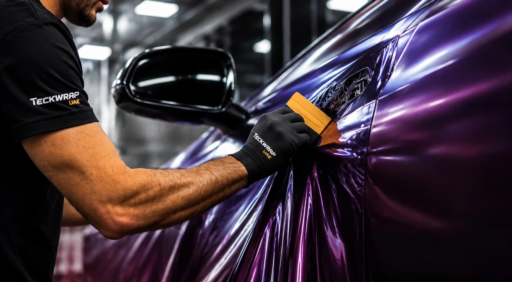 Installer applying purple TeckWrap vinyl wrap to a car door with a squeegee