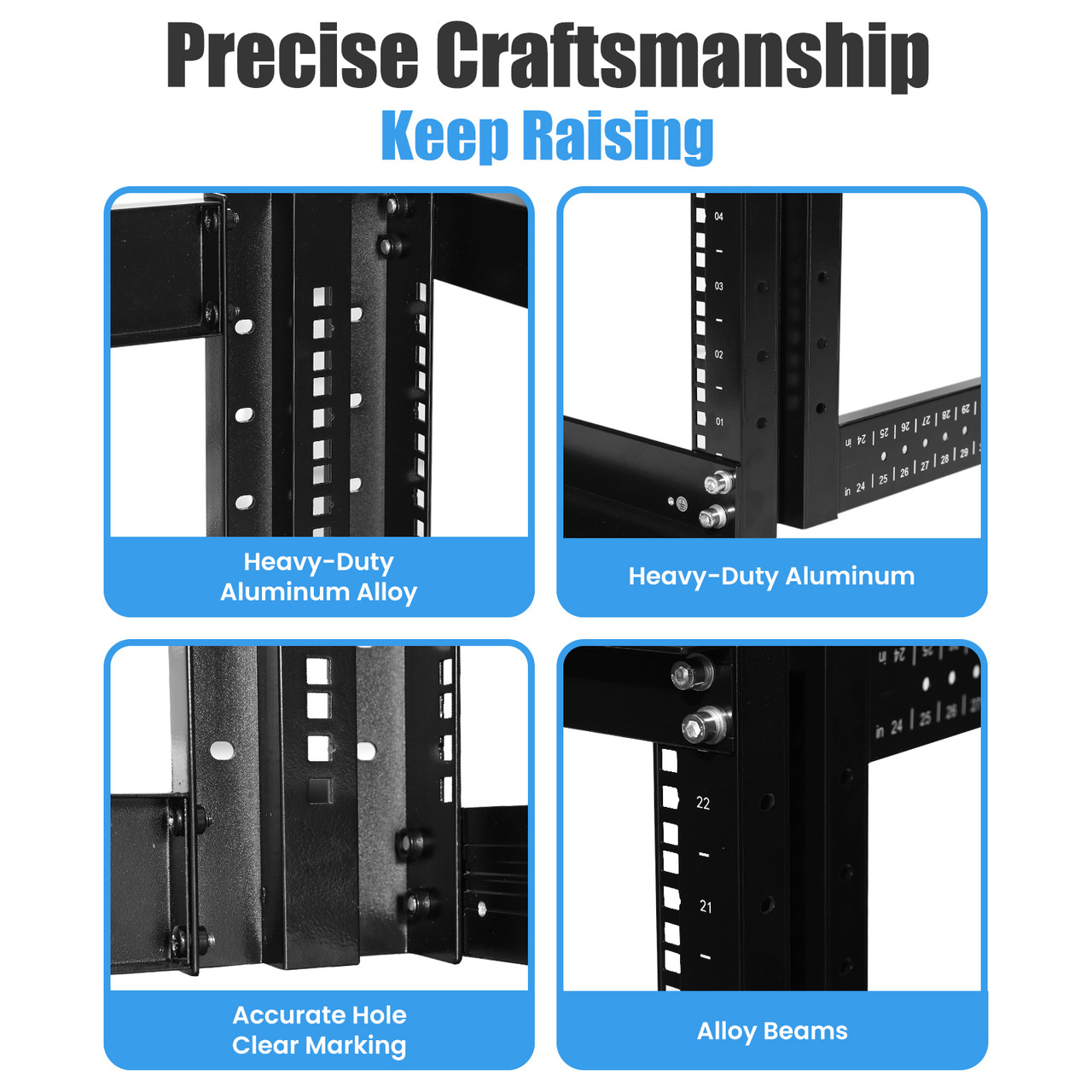 Server Rack a 4 Montanti 15U Open Frame, Armadio Rack di Rete 19 con Ruote, piedini di livellamento/montaggio a pavimento, Quadro Rack Scorrevole/profondità regolabile per apparecchiature AV/Dati/IT
