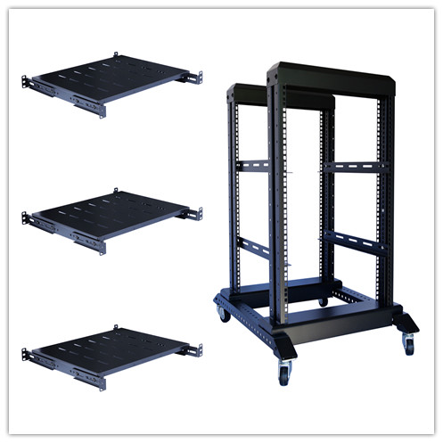 Raising Electronics 15U 4 Post Open Frame 19'' Server/Audio Steel Rack Deep from 16"-24" with Fixed Shelves