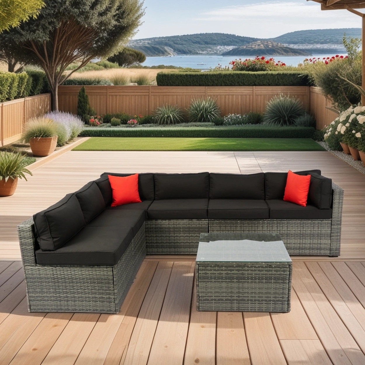 5 Pieces PE Rattan sectional Outdoor Furniture Cushioned U Sofa set