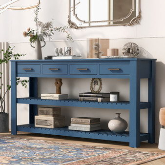 Stylish Blue Table with 4 Drawers and 2 Shelves