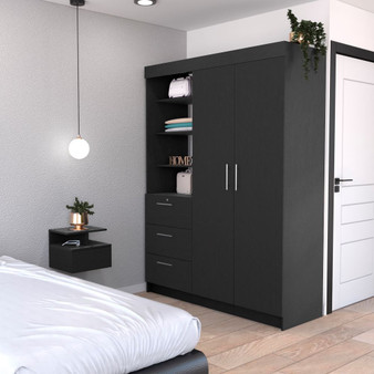 Kenya 2 Piece Bedroom Set, Armoire + Nightstand, Black Finish