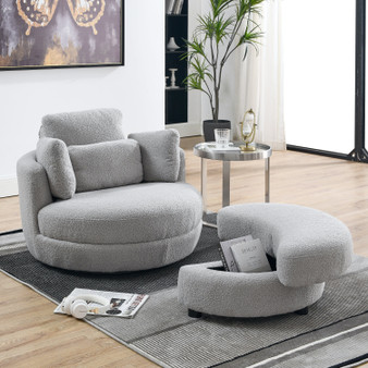 39"W Oversized Swivel Chair with moon storage ottoman, Grey