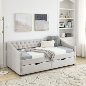 Beige Linen Daybed with Storage Drawers