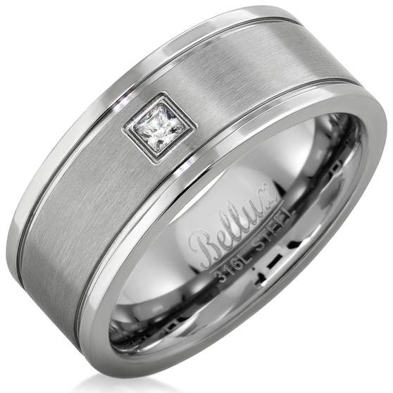 Stainless Steel 8mm Mens Square CZ Wedding Band