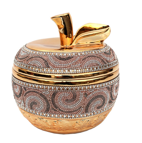 Ambrose Gold Plated Crystal Embellished Lidded Ceramic Apple Bowl