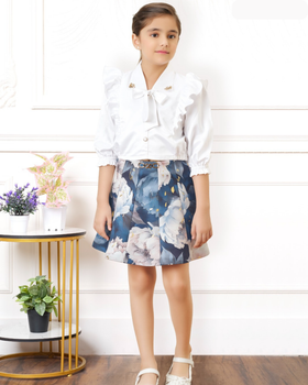 Girls Dress - White & Blue Printed