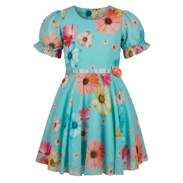Girls Dress - Flowers Green