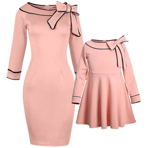 Rejea Mother And Daughter Bow Pink Dress Family Matching Outfits Clothes Half Sleeve Princess Dress For Mommy And Me Baby Girls