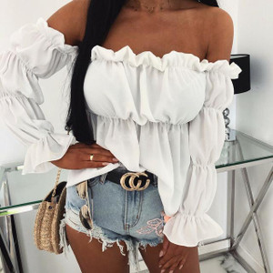 Rejea Summer Off Shoulder Blouse for Women Long-sleeved Lace Frill Ruched Pullover Tops Korean Style Fashion Solid Color Lady Shirts