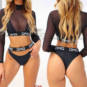 Rejea 3 PCS Sexy OMG Mesh Hollow Out Turtleneck Biquini Bathing Suit Female Swimsuit High Waist Plus Size Swimwear Women Bikini