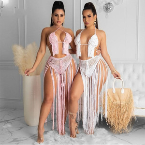 Rejea  Women Tassel Swimwear Crochet Bikini Set Summer Sexy See Through Cover Up Skirt Hollow Out 2 Piece Knitted Beach Set