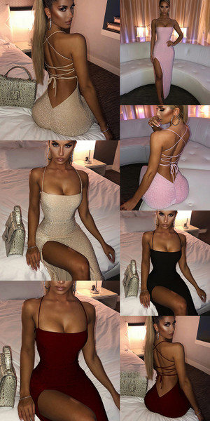 Rejea Long Backless Maxi Dress Women Spaghetti Strap High Split Bodycon Bandage Summer Dress Elegant Slim Party Dress Vestidos