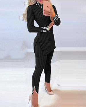 REJEA Elegant Beaded Side Slit Long Sleeve Tops & Skinny Pants Set Women Casual Solid Color Two Piece Sets Office Lady Knitted Suits