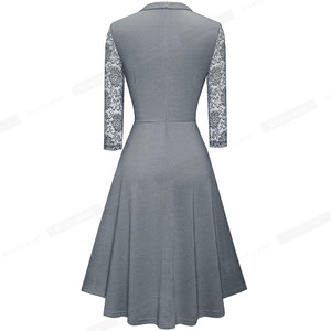 REJEA Nice-forever Autumn Solid Color with Hollow Out Lace Patchwork Retro Dresses Business Party Flare Swing Women Dress A234