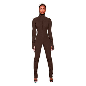 REJEA 2021 Women's Brown Rompers High Neck Zipper Ruched Jumpsuit Casual Long Sleeve Clubwear One Piece Clothes