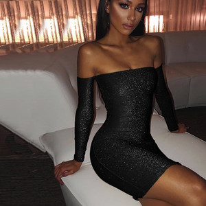 REJEA Metallic Glitter Sparkle Off Shoulder Long Sleeve Bodycon Mini Party Dress Autumn Winter Women Sexy Club Clothes