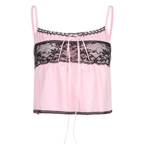 REJEA  Lace Pink Y2K Aesthetic 90s Sleeveless Crop Top Women Tie Up Frill Ruffles Cami Tops Tees Ladies Streetwear Summer