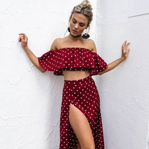 REJEA  Women Vintage Dresses Off Shoulder Red Dot Dress Summer Long Maxi Dress Chiffon Ruffle Sexy Beach Dress Vestidos