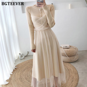 REJEA  New Fashion O-neck Buttons Ladies Knitted Mesh Dress Autumn Full Sleeve Elastic Waist Women Sweater A-line Dress