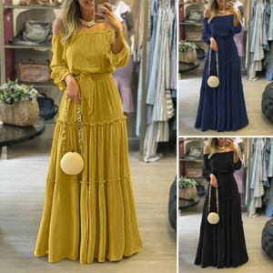 REJEA  Fashion Off Shoulder Vestidos Female Lace Up Belted Dresses Beach Holiday Ruffle Robe Womens Bohemian Long Maxi Dress 5XL