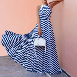 REJEA Women Summer Boho Long Maxi Dresses Sleeveless Backless Halter Blue Striped Dress Vestidos Evening Party Beach Dresses Sundress