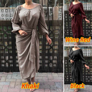 REJEA  Fashion Solid Long Maxi Dress Women's Autumn Lantern Sleeve Asymmetrical Vestidos Elegant Party Robe Loose Pleated Dress