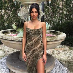 REJEA  snake print chiffon sexy women long party slip maxi sheer dress  strap backless slit elegant  autumn clothes