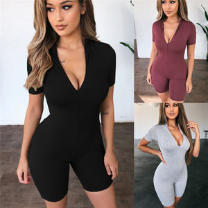 REJEA Deep V-neck Short Sleeve Bodysuit Playsuit Jumpsuit Stretch Front Zip Up Bodycon Sport Leotard Tops Jumpsuit