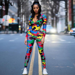 REJEA  Long Skinny jumpsuit Women Zipper High Collar Full Sleeve Casual Camouflage bodysuit Sexy Rompers Ladies playsuit