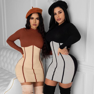 REJEA  Bodycon Patchwork Mini Dress Women Long Sleeve Winter Fall Clothes Birthday Sexy Party Club New Fashion Outfits