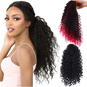 Rejea Women's Long Kinky Curly Synthetic Ponytail Hair Extension Heat Resistant Hair Clips Ombre Black Brown Fake Hair Wig