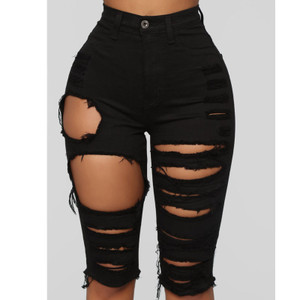 Rejea Ripped Denim Shorts Women Summer High Waist Hole Destroyed Jean Short Black Bodycon Shorts Jeans