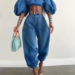 Rejea Fashion Denim Blue Mom Jeans Leg High Rise Baggy Jeans Women Streetwear Booty Shaping Bottom Pants