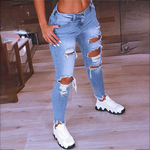 Rejea Light Blue Ripped Jeans Women Street Style Sexy Mid Rise Distressed Trouser Stretch Skinny Hole Denim Pencil Pants