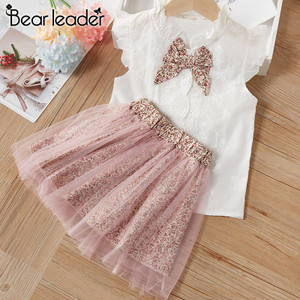 Rejea Bear Leader Girls Clothing Sets New Summer Sleeveless T-shirt+Print Bow Skirt 2Pcs for Kids Clothing Sets Baby Clothes Outfits