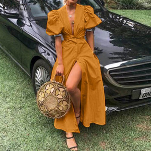 Rejea Fashion Women Deep V neck Puff Sleeve Long Dress Summer Party Vestido Casual Buttons Down Split Sundress Elegant Dresses Rejea Fashion Women Deep V neck Puff Sleeve Long Dress Summer Party Vestido Casual Buttons Down Split Sundress Elegant Dresses