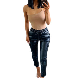 Rejea Elastic High Waist PU Leather Pants Women Spring Faux Leather Cargo Trouser Pockets Mujer Pantalone Streetwear Rejea Elastic High Waist PU Leather Pants Women Spring Faux Leather Cargo Trouser Pockets Mujer Pantalone Streetwear