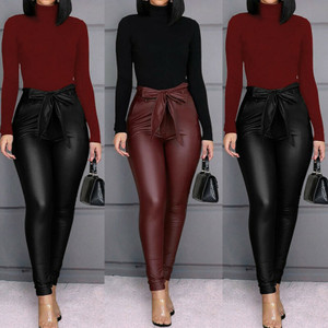 Rejea Women's Leggings PU Leather Bow Pants High Waisted Stretchy Skinny Pencil Trousers Office Lady Elegant Pant Rejea Women's Leggings PU Leather Bow Pants High Waisted Stretchy Skinny Pencil Trousers Office Lady Elegant Pant