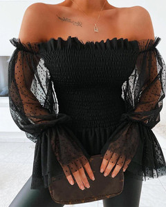 Rejea New Sexy Off Shoulder Blouse Women Mesh Flare Sleeve Shirts Summer Fashion Sheer Long Sleeve Lace Frill Blouser Tops Rejea New Sexy Off Shoulder Blouse Women Mesh Flare Sleeve Shirts Summer Fashion Sheer Long Sleeve Lace Frill Blouser Tops