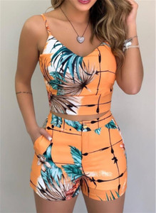 Rejea Fashion Women Shorts Suits 2Pieces Sets Summer Office Lady Floral Strap Tank Crop Top+High Waist Button Shorts Female Outfits Rejea Fashion Women Shorts Suits 2Pieces Sets Summer Office Lady Floral Strap Tank Crop Top+High Waist Button Shorts Female Outfits