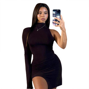 REJEA solid women mini dress one shoulder long sleeve turtleneck bodycon slit sexy streetwear party elegant autumn winter REJEA solid women mini dress one shoulder long sleeve turtleneck bodycon slit sexy streetwear party elegant autumn winter