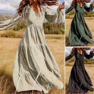 REJEA Women's Autumn Sundress Casual Puff Sleeve Tunic Vestidos Floral Print Robe Fashion Ruffle Maxi Dress Plus Size 5XL REJEA Women's Autumn Sundress Casual Puff Sleeve Tunic Vestidos Floral Print Robe Fashion Ruffle Maxi Dress Plus Size 5XL